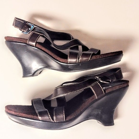 Aerosoles A2 ~ Women 9.5 B Brown Leather Strap Sandal ~ Sculpted Wedge Platform - Picture 2 of 12